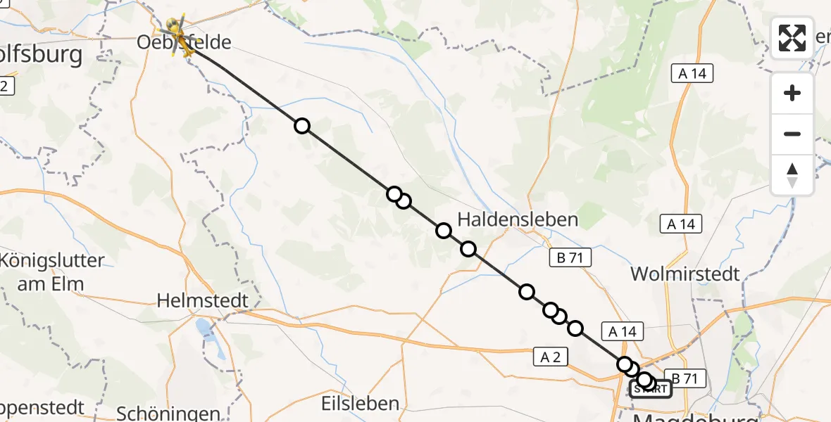 Flugroute Rettungshubschrauber Magdeburg Hospital - Oebisfelde-Weferlingen, 28 Mai 2026, 17:45