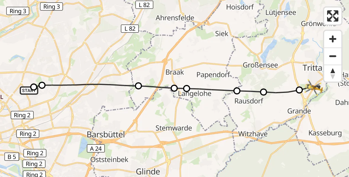 Flugroute Rettungshubschrauber Hamburg Military Hospital - Trittau, 28 Mai 2026, 17:50