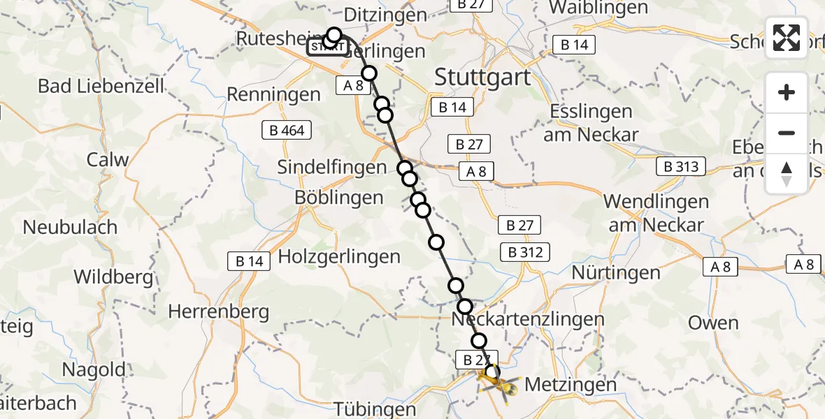 Flugroute Rettungshubschrauber Leonberg Hospital - Reutlingen, 28 Mai 2026, 17:59
