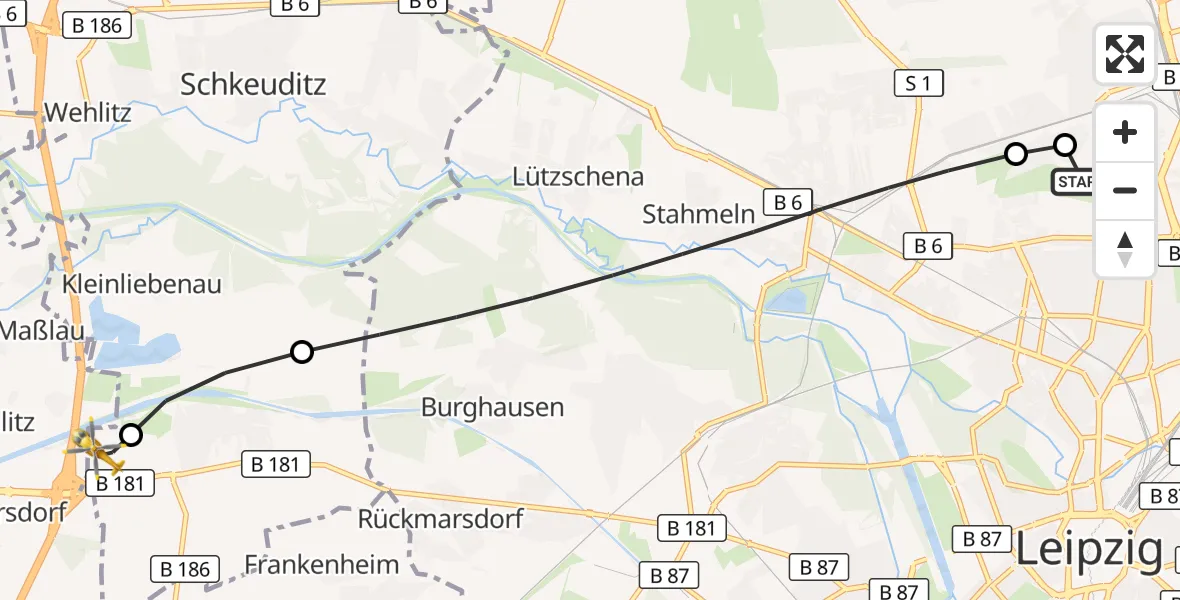 Flugroute Rettungshubschrauber Sankt Georg Hospital Leipzig Reserve - ADAC Air Rescue Station Leipzig/Schkeuditz-Dölzig Hubschrauberlandeplatz (Christoph 61), 28 Mai 2026, 18:06