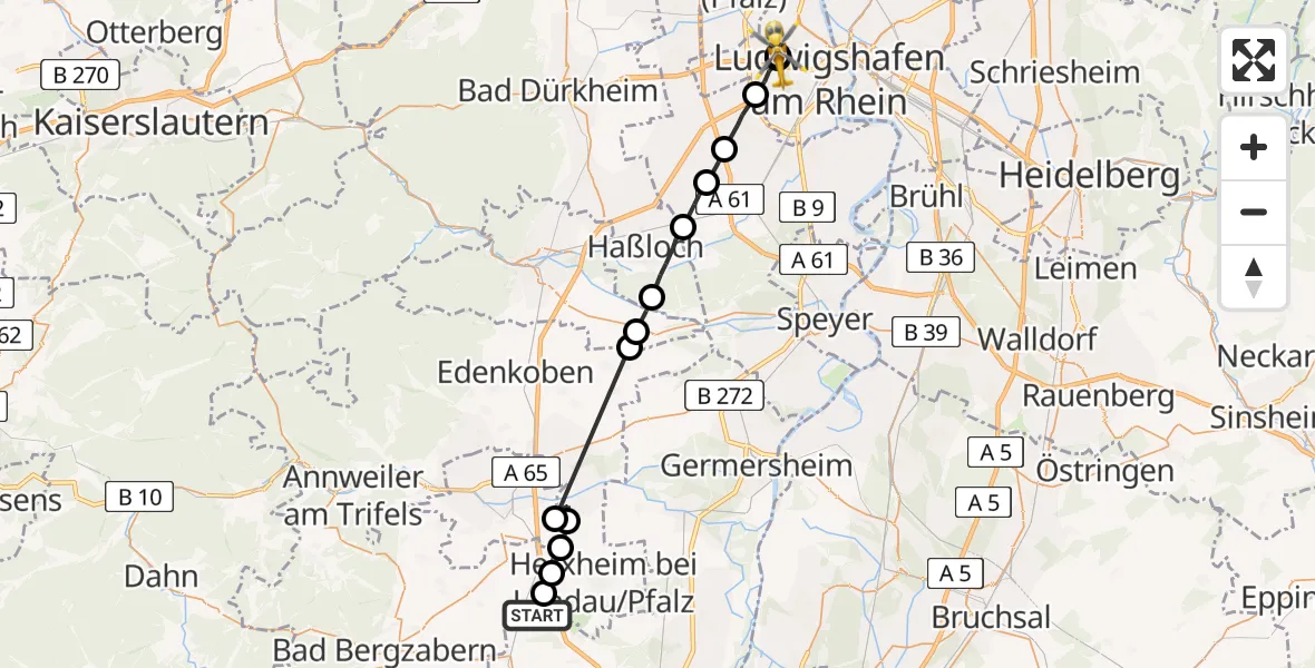 Flugroute Rettungshubschrauber Steinweiler - Ludwigshafen Accident Hospital, 28 Mai 2026, 18:09
