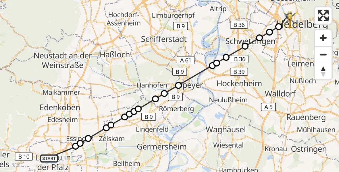 Flugroute Rettungshubschrauber Landau in der Pfalz - Heidelberg, 28 Mai 2026, 18:09