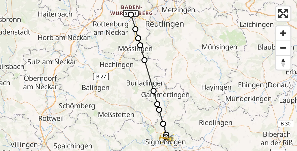 Flugroute Ambulanzhubschrauber Tübingen University Hospital - Sigmaringen, 28 Mai 2026, 18:10
