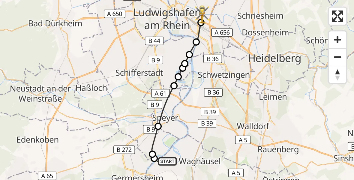 Flugroute Rettungshubschrauber Philippsburg - Mannheim-City Flughafen, 28 Mai 2026, 18:15