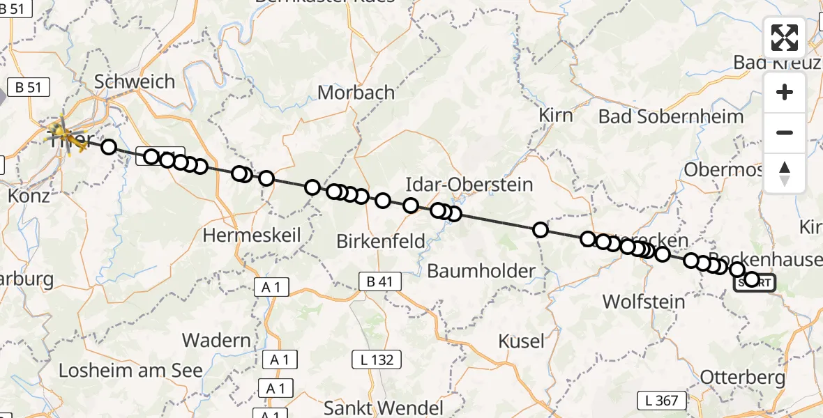 Flugroute Rettungshubschrauber Imsweiler UL - Trier, 28 Mai 2026, 18:17