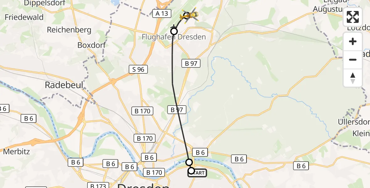 Flugroute Rettungshubschrauber Dresden University Hospital - Dresden Bundespolizei Hubschrauberlandeplatz, 28 Mai 2026, 18:20
