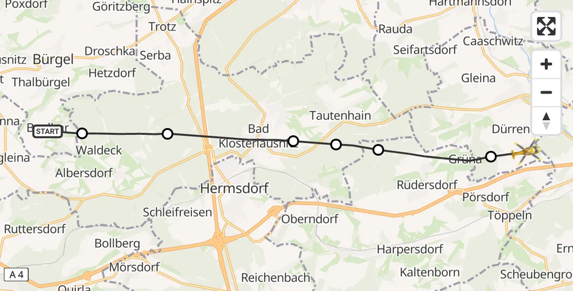 Flugroute Rettungshubschrauber Bürgel - Bad Köstritz, 28 Mai 2026, 18:20