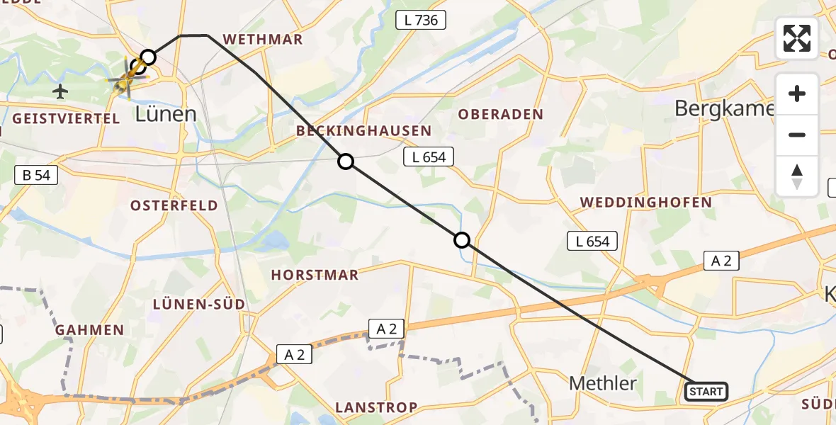 Flugroute Rettungshubschrauber Kamen - Sankt Marien Hospital, 28 Mai 2026, 18:21