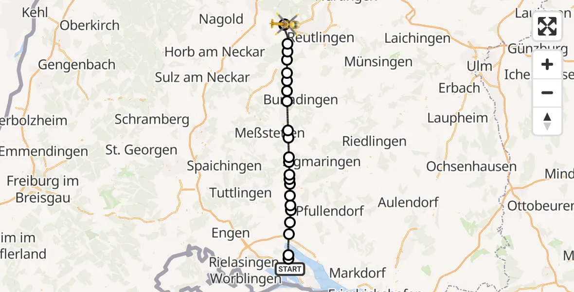 Flugroute Rettungshubschrauber Allensbach - Tübingen Trauma Hospital, 28 Mai 2026, 18:22