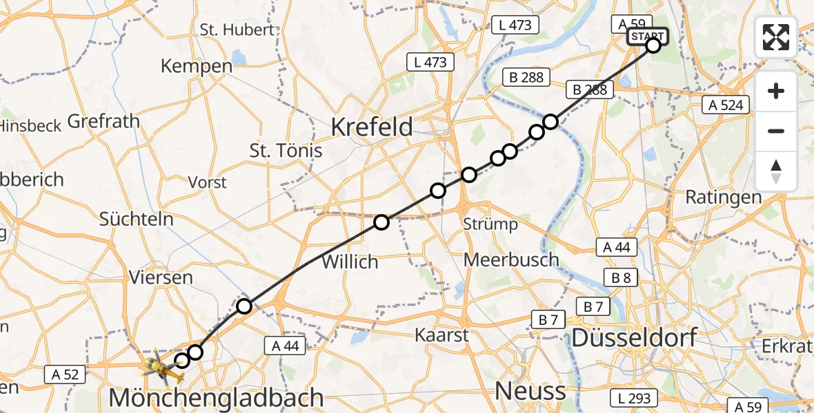 Flugroute Rettungshubschrauber Duisburg Air Rescue Hubschrauberlandeplatz (Christoph 9) - Mönchengladbach, 28 Mai 2026, 18:29