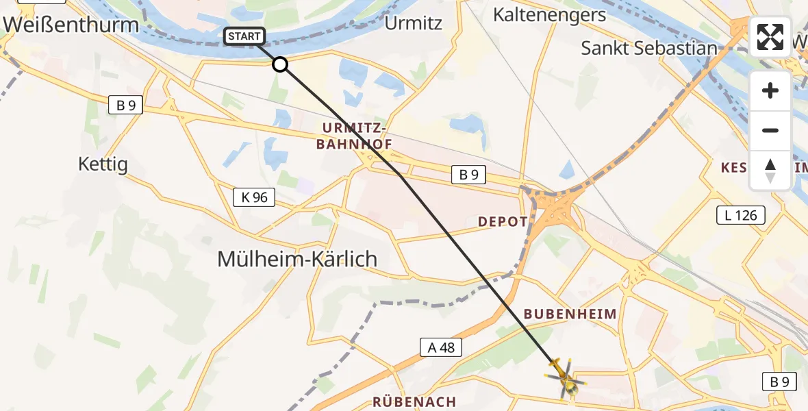 Flugroute Rettungshubschrauber Neuwied - Koblenz, 28 Mai 2026, 18:31