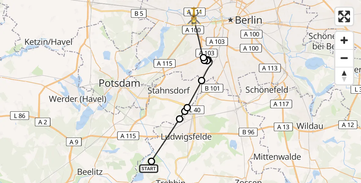 Flugroute Rettungshubschrauber Trebbin - Berlin, 28 Mai 2026, 18:33