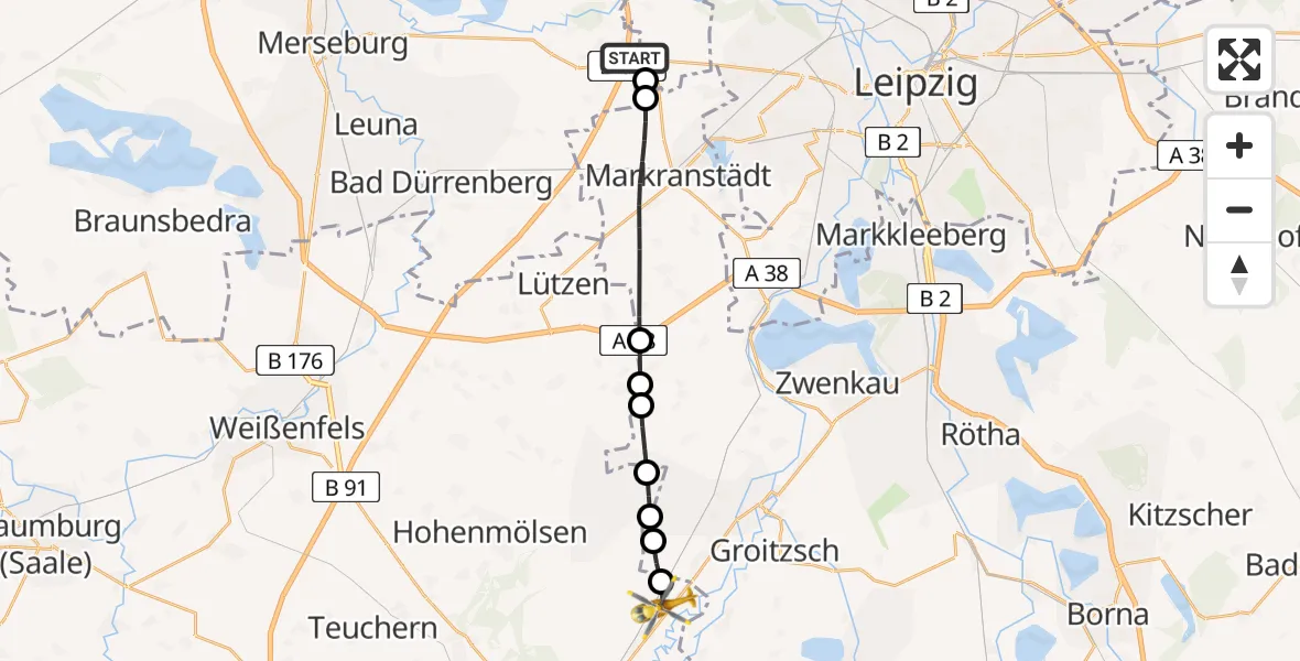 Flugroute Rettungshubschrauber ADAC Air Rescue Station Leipzig/Schkeuditz-Dölzig Hubschrauberlandeplatz (Christoph 61) - Elsteraue, 28 Mai 2026, 18:35
