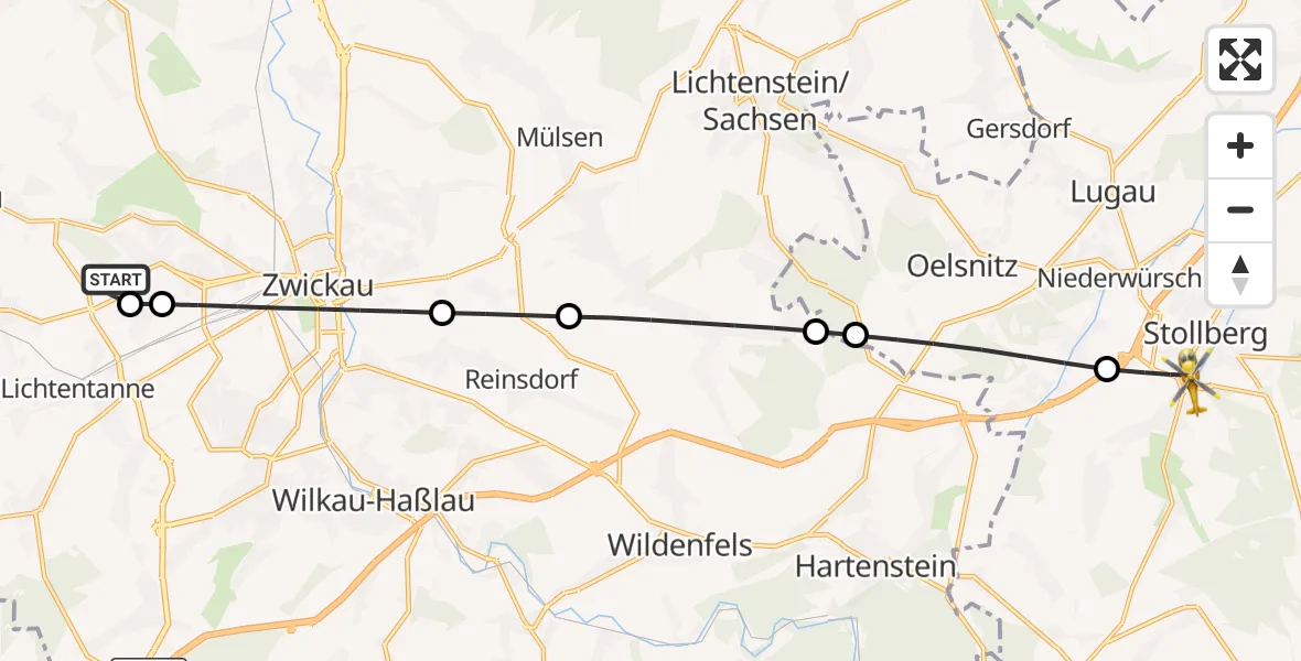 Flugroute Rettungshubschrauber ADAC Air Rescue Station Zwickau Hubschrauberlandeplatz - Stollberg/Erzgeb., 28 Mai 2026, 18:40