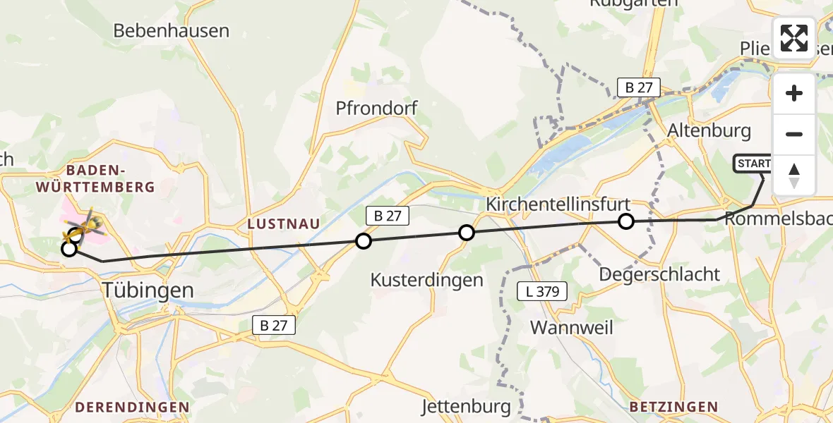 Flugroute Rettungshubschrauber Reutlingen - Tübingen University Hospital, 28 Mai 2026, 18:46