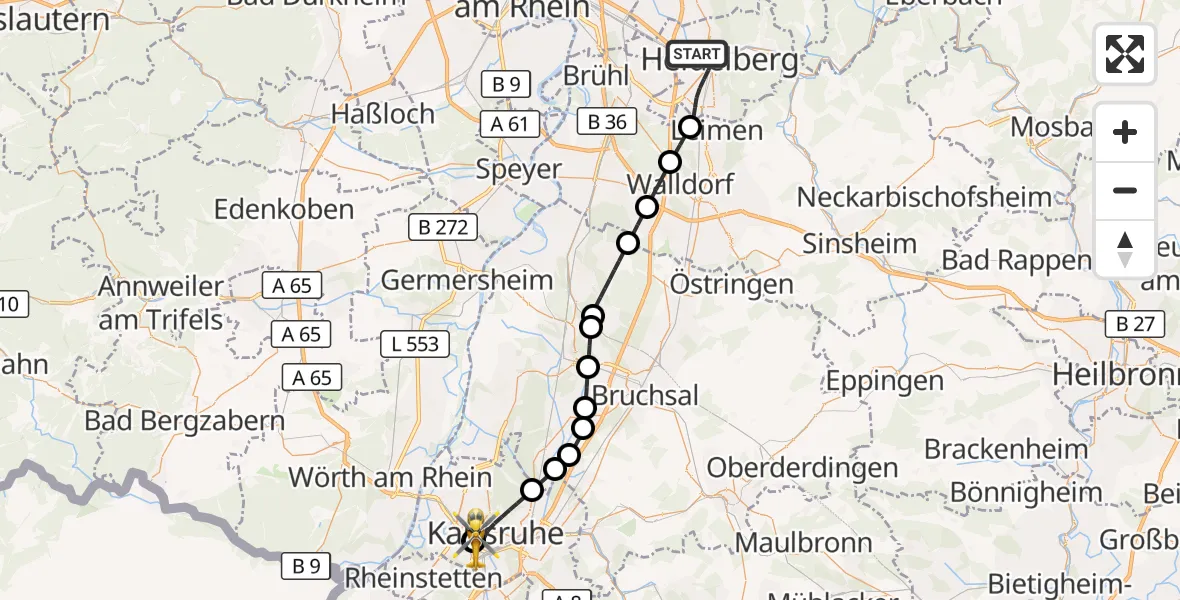 Flugroute Rettungshubschrauber Heidelberg - Sankt Vincentius Hospital, 28 Mai 2026, 19:01