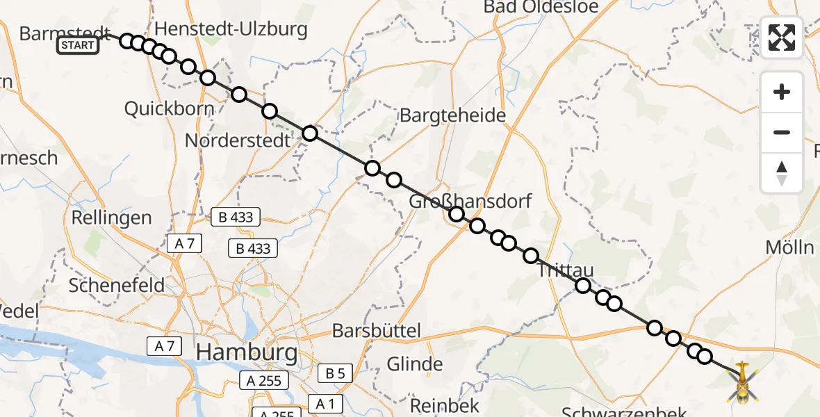 Flugroute Rettungshubschrauber Heede - Roseburg, 28 Mai 2026, 19:05