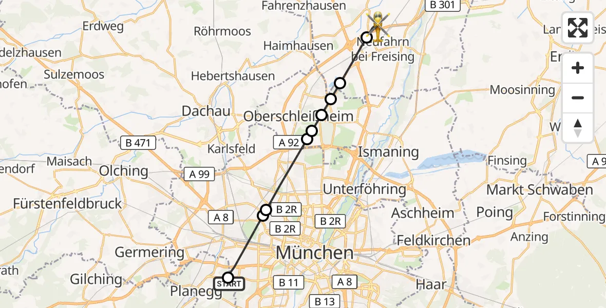 Flugroute Rettungshubschrauber DRF Air Rescue München Hubschrauberlandeplatz - Neufahrn b.Freising, 28 Mai 2026, 19:07