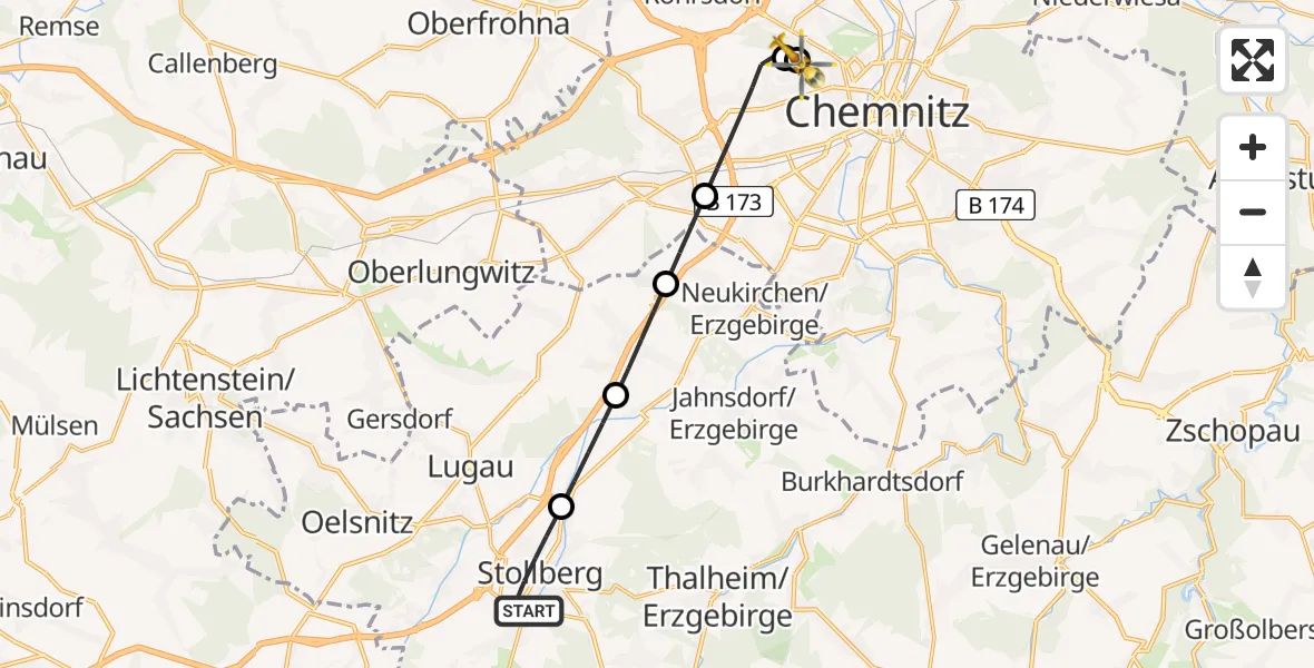Flugroute Rettungshubschrauber Stollberg/Erzgeb. - Flemmingstraße Hospital Rooftop, 28 Mai 2026, 19:12