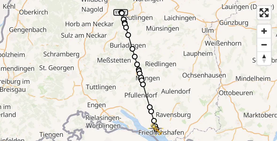 Flugroute Rettungshubschrauber Tübingen Trauma Hospital - Friedrichshafen Hospital, 28 Mai 2026, 19:19