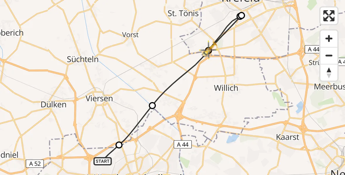 Flugroute Rettungshubschrauber Mönchengladbach - Krefeld, 28 Mai 2026, 19:19