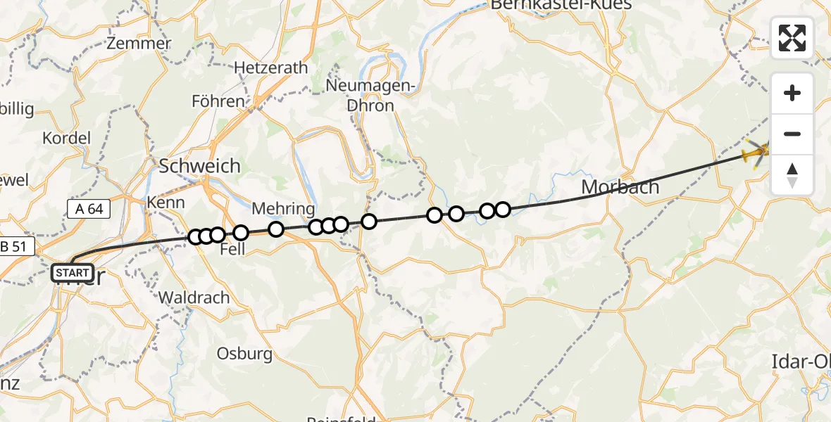 Flugroute Rettungshubschrauber Trier - Hottenbach, 28 Mai 2026, 19:20