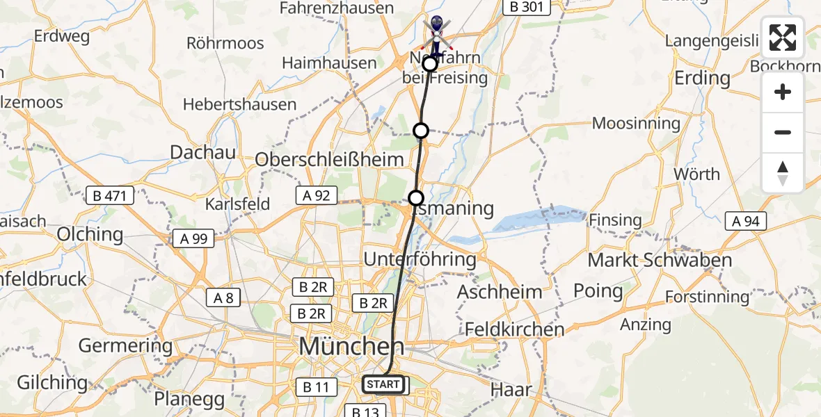 Flugroute Polizeihubschrauber München - Neufahrn b.Freising, 28 Mai 2026, 19:21