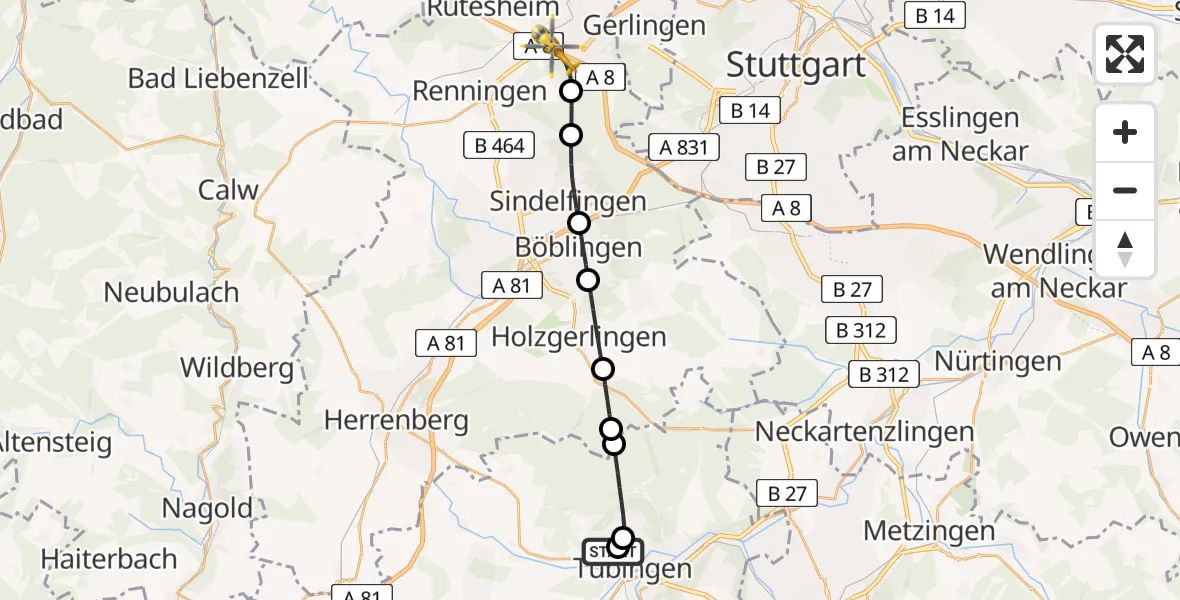 Flugroute Rettungshubschrauber Tübingen University Hospital - Leonberg, 28 Mai 2026, 19:24