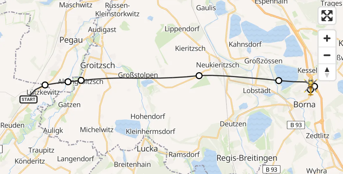 Flugroute Rettungshubschrauber Elsteraue - Sana Hospital Borna, 28 Mai 2026, 19:24