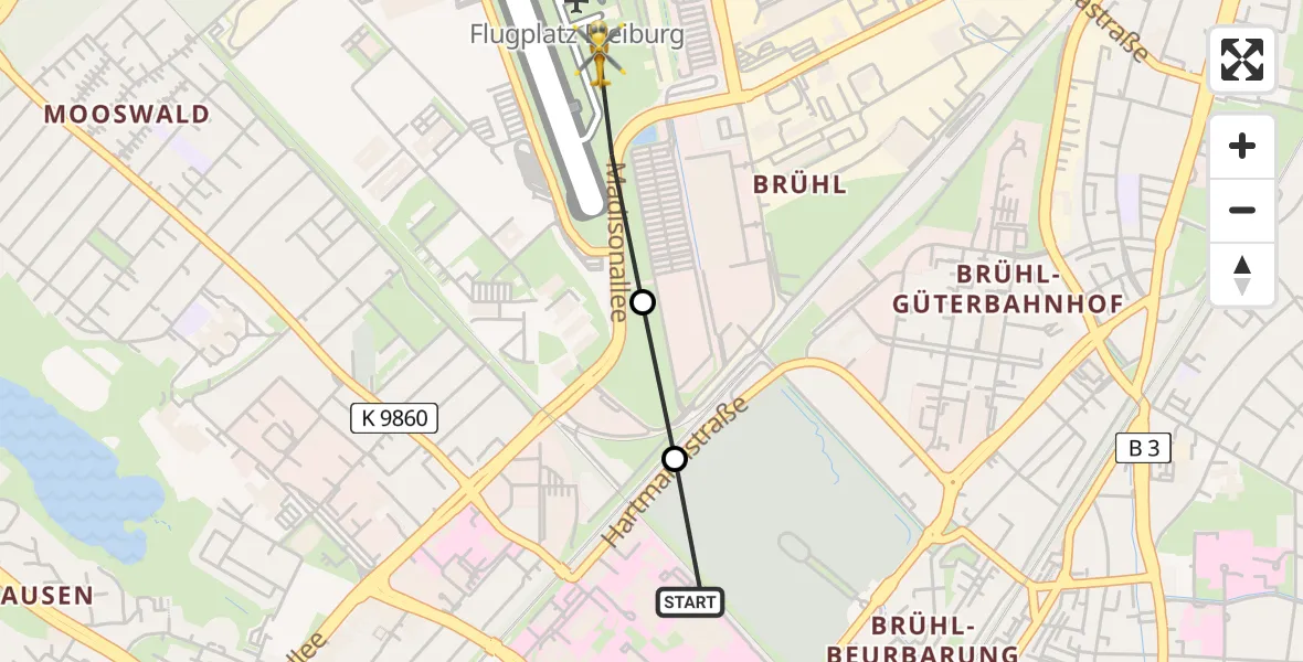 Flugroute Rettungshubschrauber Freiburg University Hospital Heliport 1 - Freiburg im Breisgau Flugplatz, 28 Mai 2026, 19:34