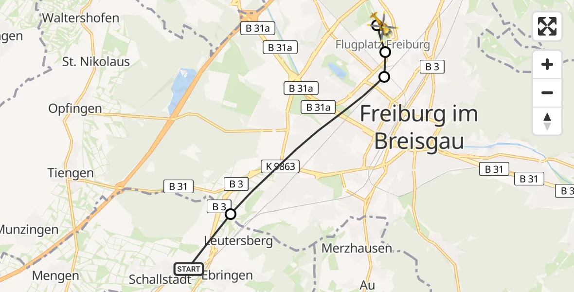 Flugroute Ambulanzhubschrauber Schallstadt - Freiburg im Breisgau Flugplatz, 28 Mai 2026, 19:40