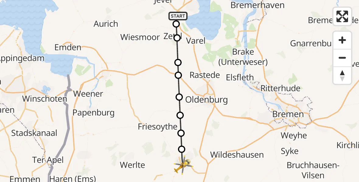 Flugroute Rettungshubschrauber Sande - Cloppenburg, 28 Mai 2026, 19:52