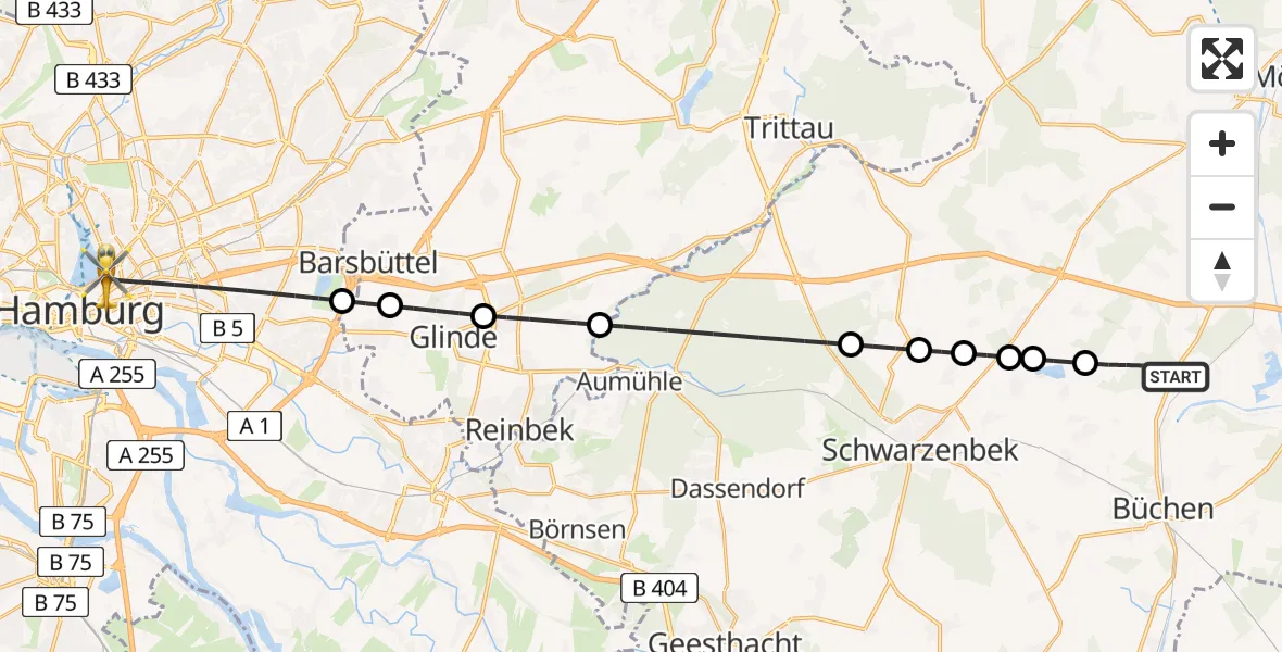 Flugroute Rettungshubschrauber Roseburg - Hamburg, 28 Mai 2026, 19:56