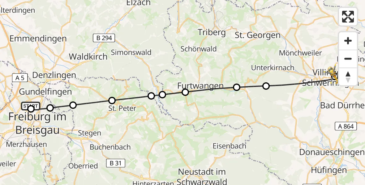Flugroute Ambulanzhubschrauber Freiburg im Breisgau Flugplatz - DRF Air Rescue Station Villingen-Schwenningen Hubschrauberlandeplatz (Christoph 11), 28 Mai 2026, 20:01