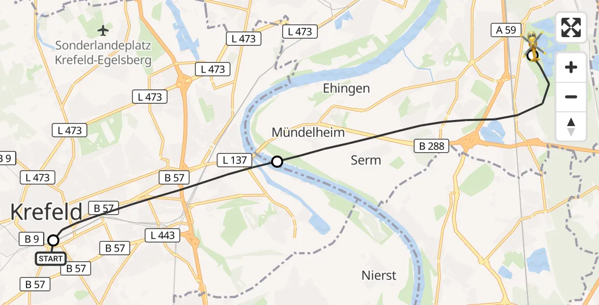 Flugroute Rettungshubschrauber Helios Clinic Krefeld - Duisburg Air Rescue Hubschrauberlandeplatz (Christoph 9), 28 Mai 2026, 20:07