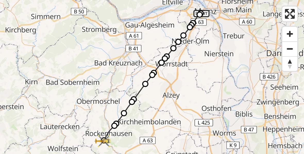 Flugroute Rettungshubschrauber Mainz University Hospital - Imsweiler UL, 28 Mai 2026, 20:23