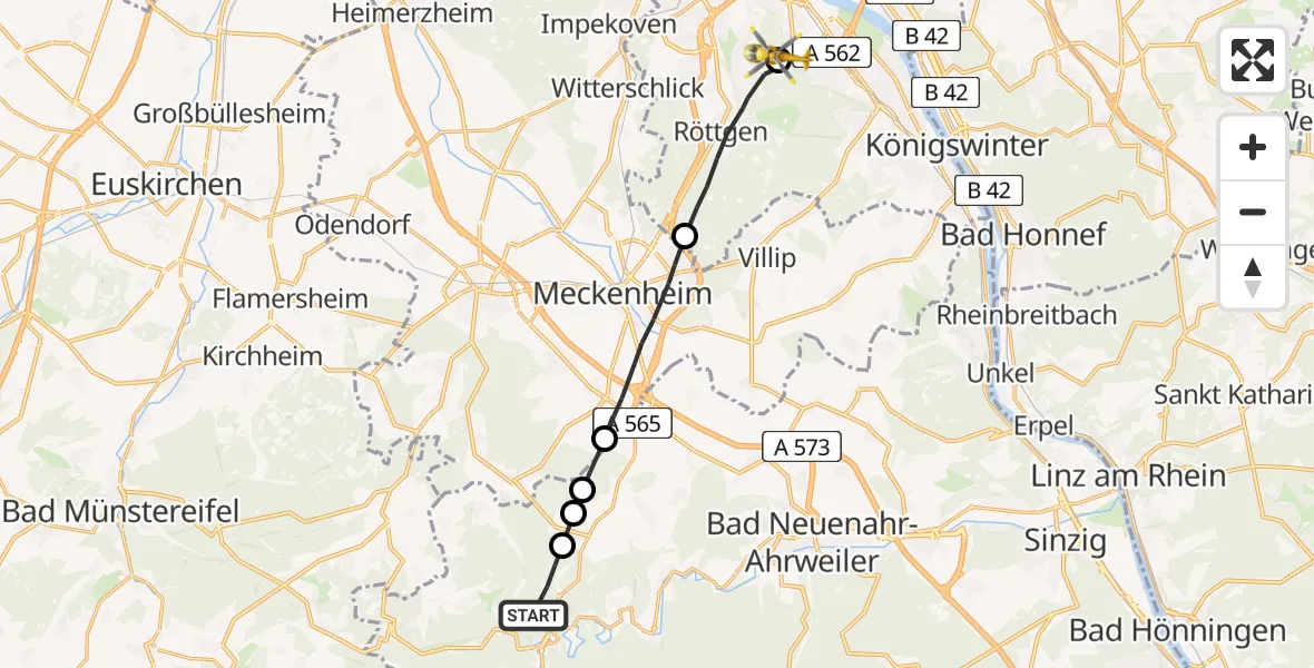 Flugroute Ambulanzhubschrauber Altenahr - Bonn University Hospital, 28 Mai 2026, 20:28