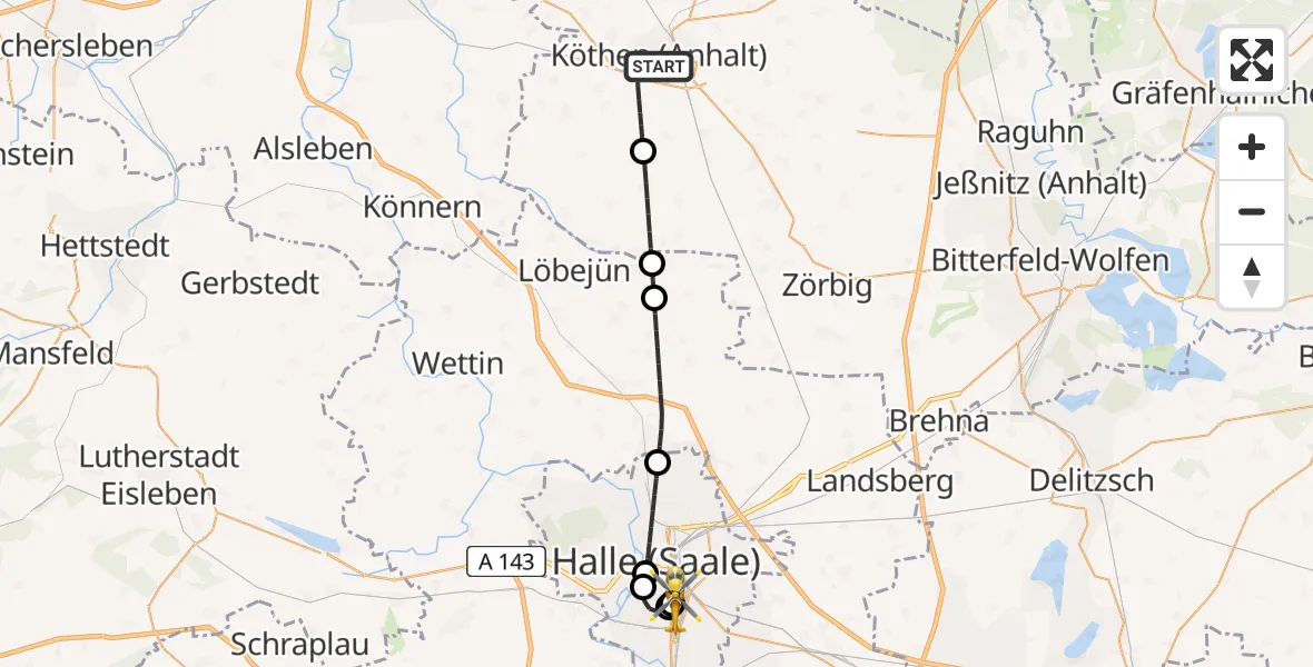 Flugroute Rettungshubschrauber Köthen (Anhalt) - BG Hospital Bergmannstrost Halle, 28 Mai 2026, 20:36