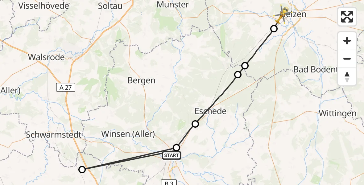 Flugroute Rettungshubschrauber Celle - Uelzen, 28 Mai 2026, 20:40