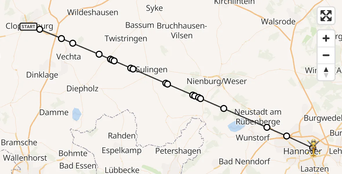 Flugroute Rettungshubschrauber Cloppenburg - Hannover Luftrettung Hubschrauberlandeplatz (Christoph 4), 28 Mai 2026, 20:49