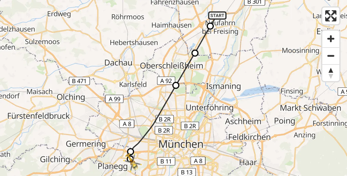 Flugroute Rettungshubschrauber Neufahrn b.Freising - DRF Air Rescue München Hubschrauberlandeplatz, 28 Mai 2026, 20:58