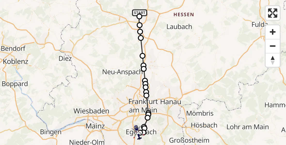 Flugroute Polizeihubschrauber Wettenberg - Flughafen Frankfurt-Egelsbach, 28 Mai 2026, 21:07