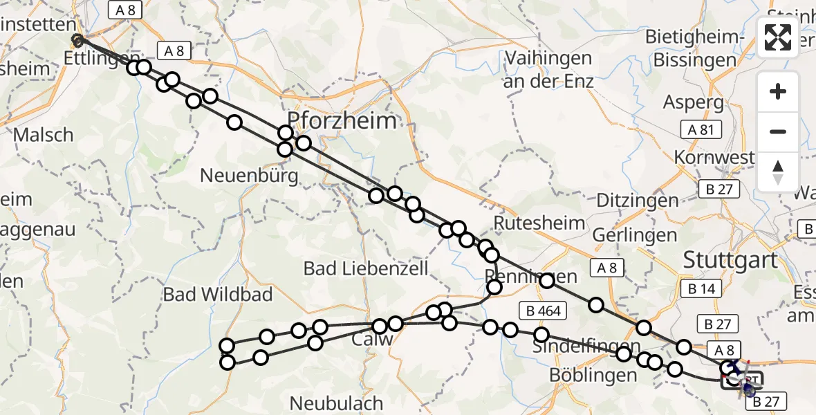 Flugroute Polizeihubschrauber Flughafen Stuttgart - Flughafen Stuttgart, 28 Mai 2026, 21:08
