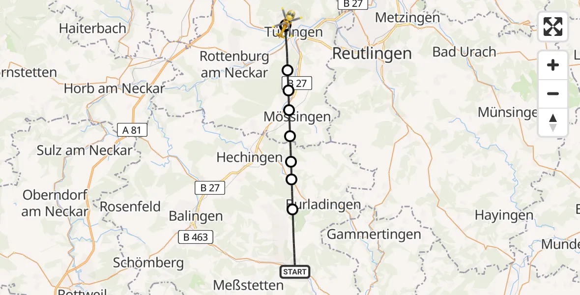 Flugroute Ambulanzhubschrauber Albstadt - Tübingen University Hospital, 28 Mai 2026, 21:23
