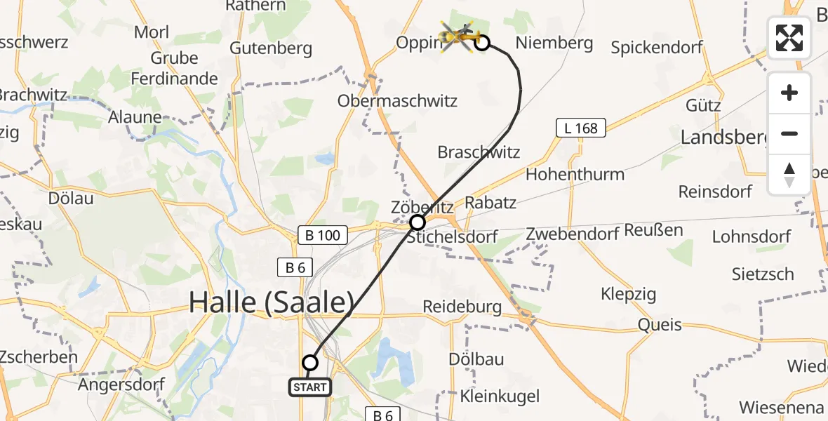 Flugroute Rettungshubschrauber BG Hospital Bergmannstrost Halle - Halle-Oppin Flugplatz, 28 Mai 2026, 21:34