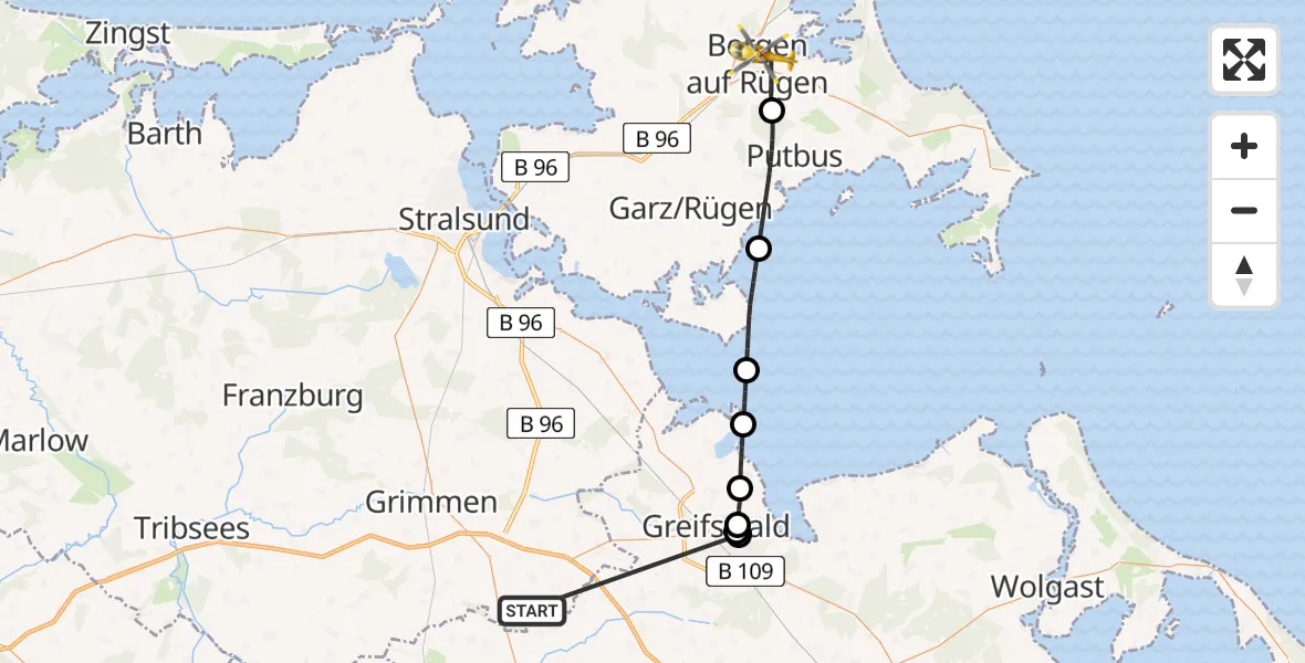Flugroute Rettungshubschrauber Süderholz - Bergen auf Rügen, 28 Mai 2026, 21:45