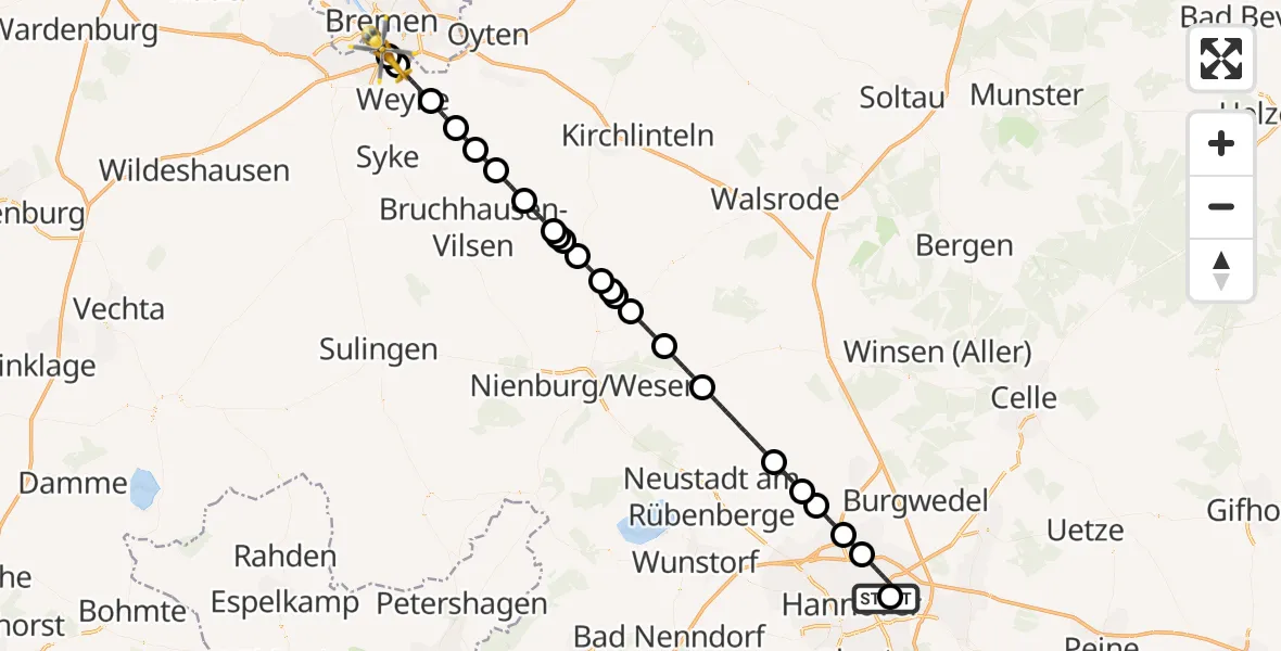 Flugroute Rettungshubschrauber Hannover Luftrettung Hubschrauberlandeplatz (Christoph 4) - ADAC Air Rescue Station Bremen Hubschrauberlandeplatz (Christoph 6), 28 Mai 2026, 21:50