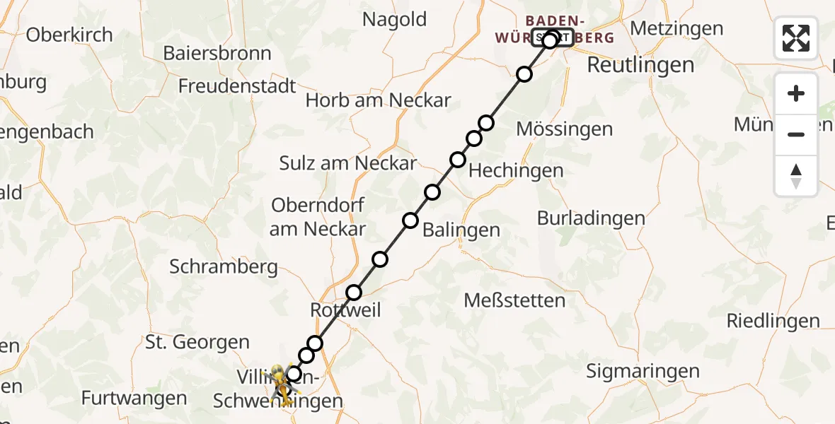Flugroute Ambulanzhubschrauber Tübingen University Hospital - DRF Air Rescue Station Villingen-Schwenningen Hubschrauberlandeplatz (Christoph 11), 28 Mai 2026, 21:59