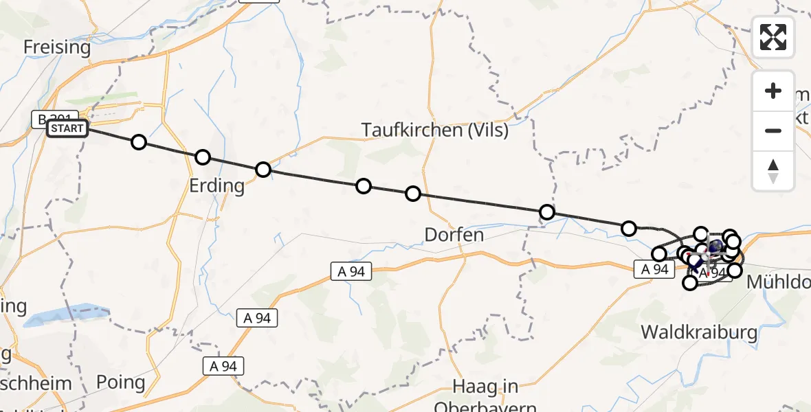 Flugroute Polizeihubschrauber München Flughafen - Ampfing, 28 Mai 2026, 22:16
