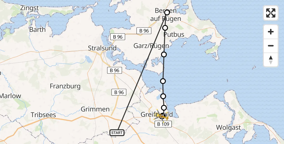 Flugroute Rettungshubschrauber Süderholz - Greifswald Hospital, 28 Mai 2026, 22:18